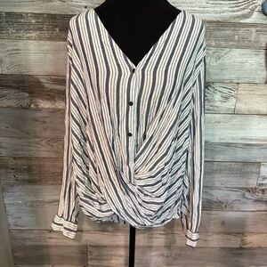 a.n.a Navy & White Striped Button-Front Twist Hem Top